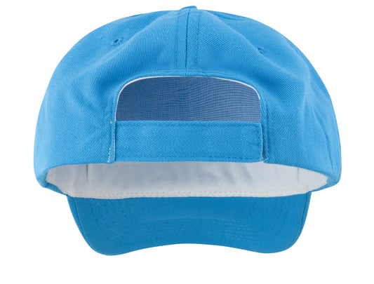 Back of a blue cap on a white background
